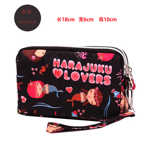 Women's new Korean version waterproof hand-held three-zipper mobile phone bag, simple, cute and fashionable cartoon coin purse fabric