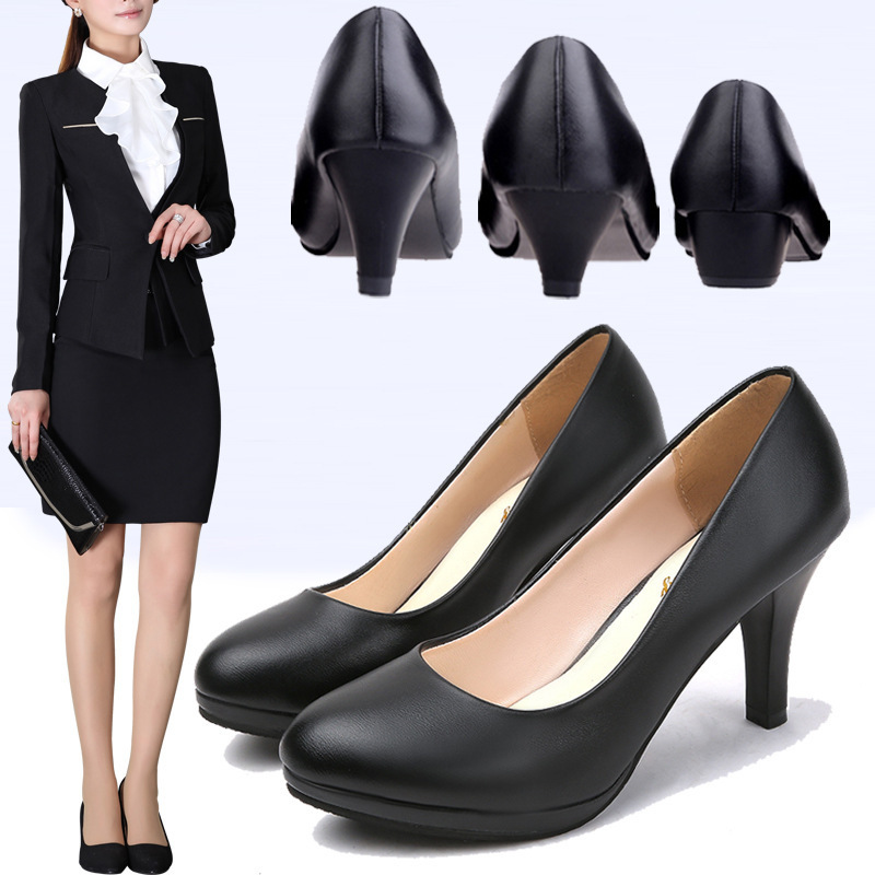 Formal Black High-Heeled Shoes 2026 Spring Professional Shoes Women's Work Shoes Leather Shoes Medium Heel Stiletto Heels Flight Attendant Shoes Thick Heel