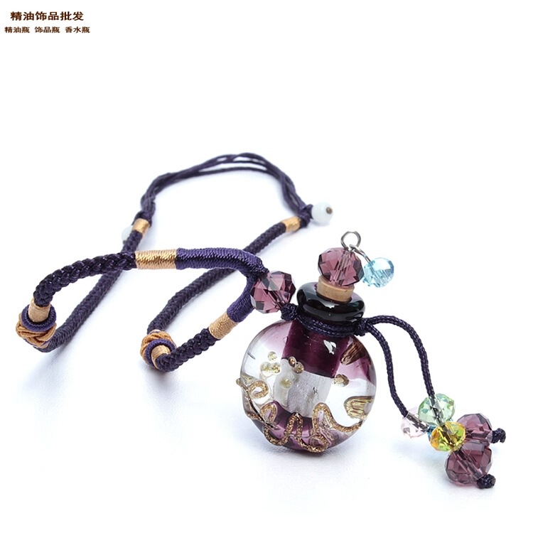 Wholesale Ultra-Flat Round Baroque Glass Essential Oil Bottle Tassel Necklace Pendant Simple Perfume Bottle Cross-Border Supplier