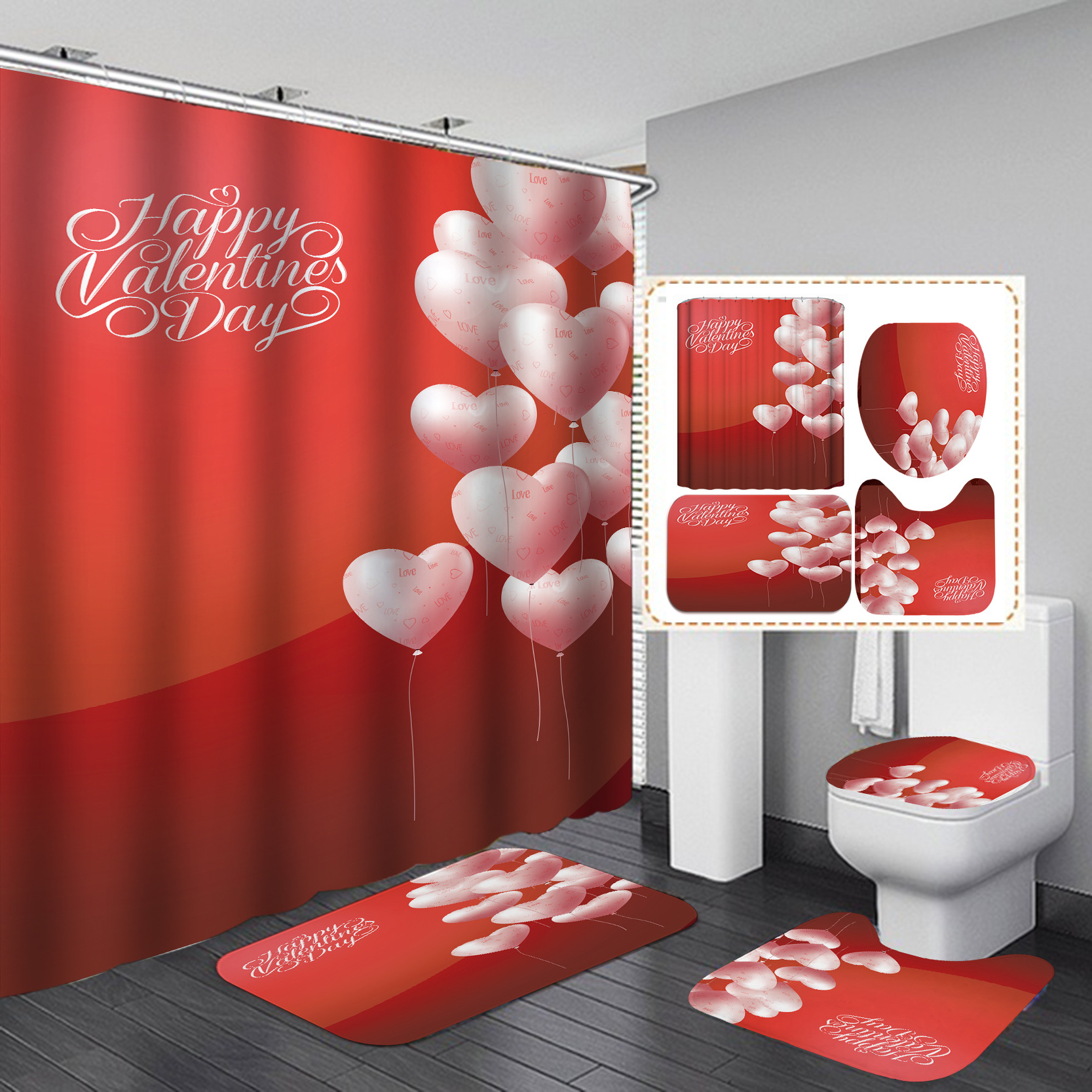 Día de San Valentín transfronterizo caliente impresión digital de poliéster impermeable baño Cortina de ducha cortina de suministro directo de fábrica al por mayor