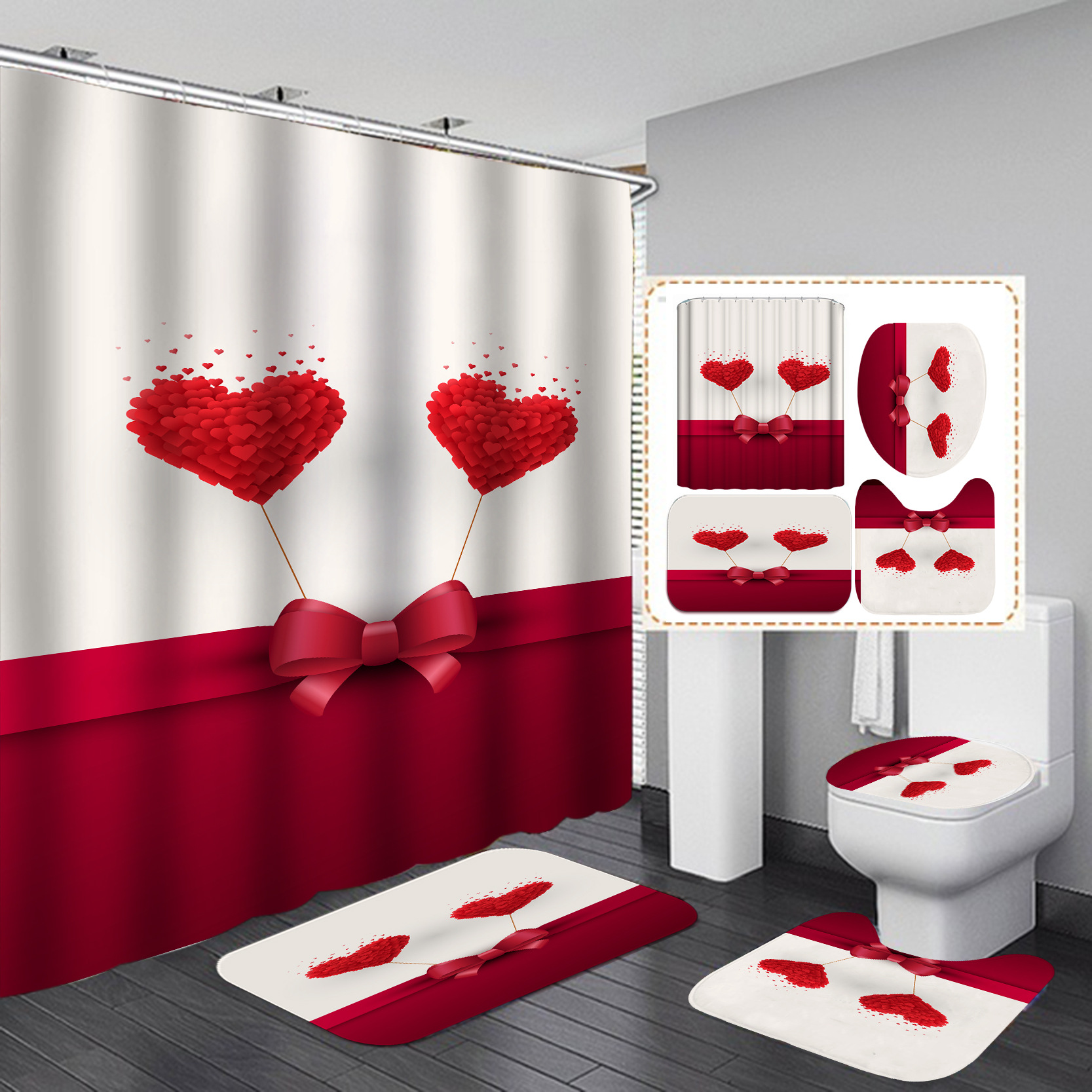 Día de San Valentín transfronterizo caliente impresión digital de poliéster impermeable baño Cortina de ducha cortina de suministro directo de fábrica al por mayor