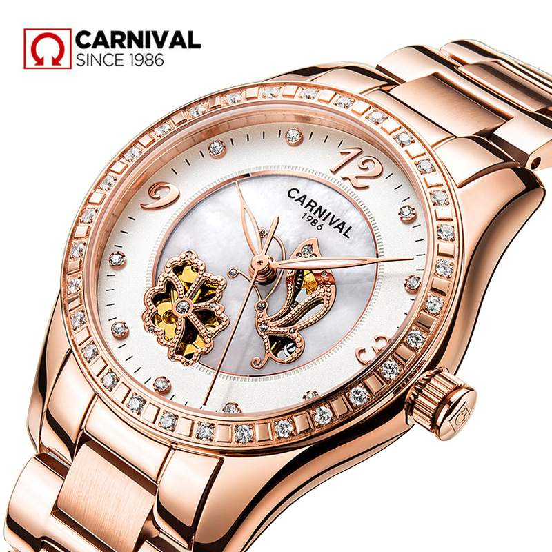 Carnival Genuine Watch Women's Automatic Mechanical Watch Fashion Waterproof Simple Diamond-encrusted Fashion Women's Watch