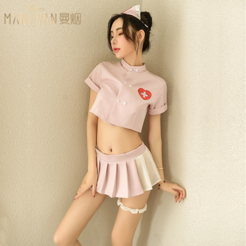 Manyan sexy lingerie, feminine, sweet, see-through short top, pleated skirt, nurse uniform suit, drop shipping 9752