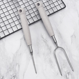 Amazon Cross-border Outdoor BBQ Stainless Steel Telescopic Barbecue Fork U-shaped Wooden Handle Marshmallow Stick Barbecue Fork Barbecue Sticks