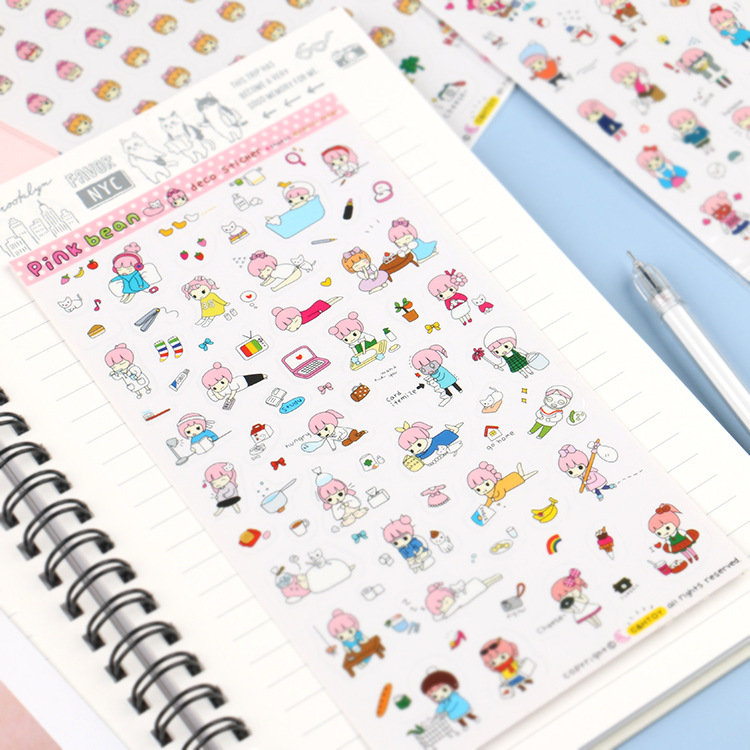 Xiaoqing nuevo estilo, Rosa frijol guisante chica PVC pegatinas de dibujos animados diario sellado pegatinas 4 hojas individuales