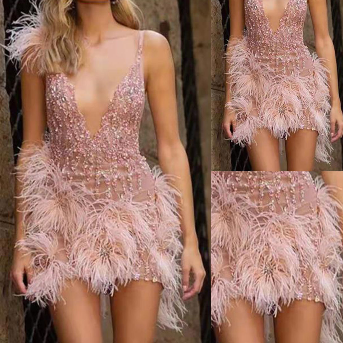 Vestido de Fiesta Sexy con Tirantes de Plumas y Escote Profundo en V para Mujer, Estilo Europeo y Americano, Novedad de Verano 2025 image 4