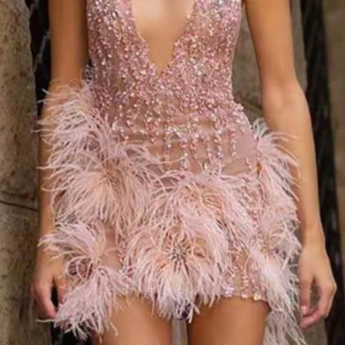Vestido de Fiesta Sexy con Tirantes de Plumas y Escote Profundo en V para Mujer, Estilo Europeo y Americano, Novedad de Verano 2025 image 3