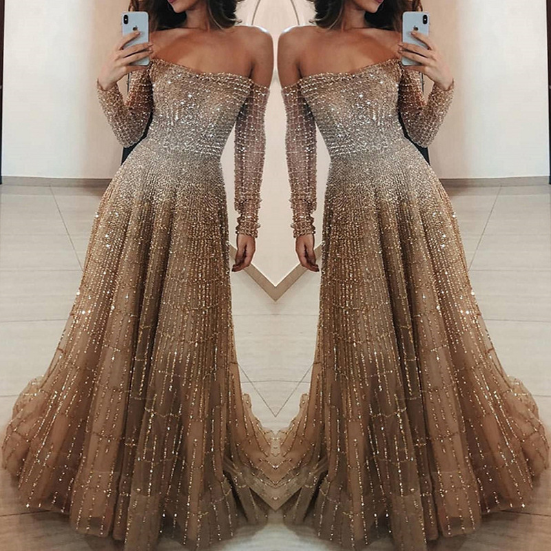 SC2031网红新款亚马逊长款2025秋冬季亮晶晶一字肩长袖抹胸连衣裙