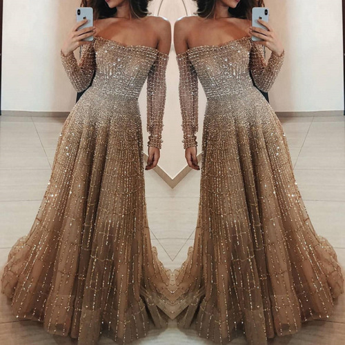 SC2031 Internet celebrity new style long autumn and winter shiny one-shoulder long-sleeved tube top dress