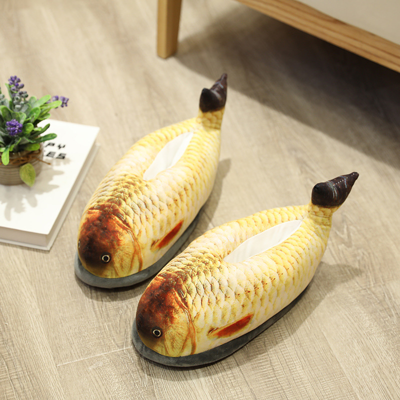 创意仿真恶搞鲫鱼毛绒棉拖鞋居家室内棉拖鞋包跟鞋保暖鞋