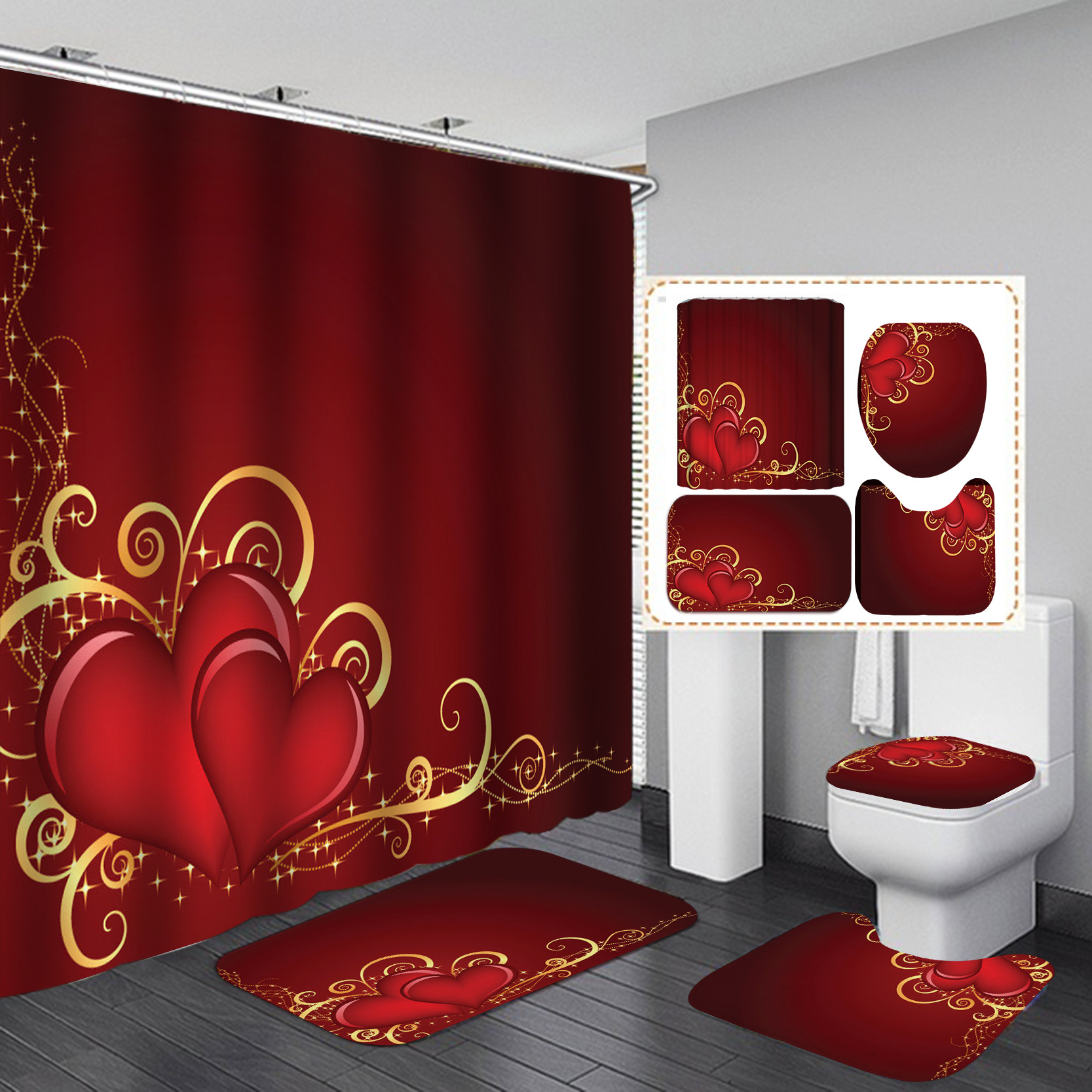 Día de San Valentín transfronterizo caliente impresión digital de poliéster impermeable baño Cortina de ducha cortina de suministro directo de fábrica al por mayor