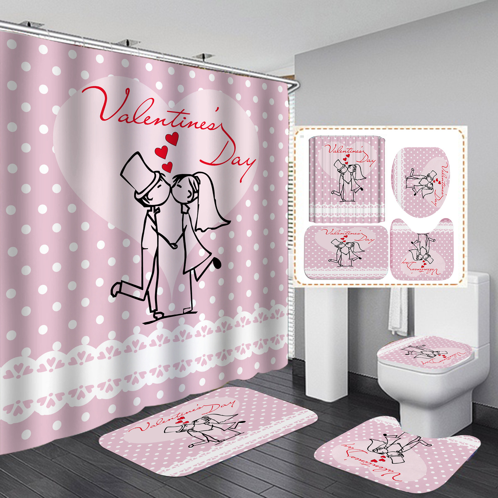 Día de San Valentín transfronterizo caliente impresión digital de poliéster impermeable baño Cortina de ducha cortina de suministro directo de fábrica al por mayor