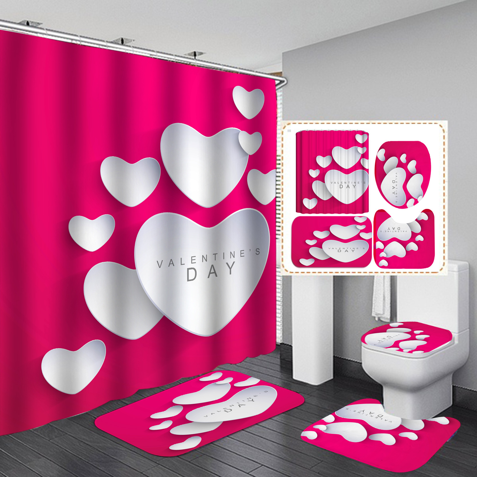 Día de San Valentín transfronterizo caliente impresión digital de poliéster impermeable baño Cortina de ducha cortina de suministro directo de fábrica al por mayor
