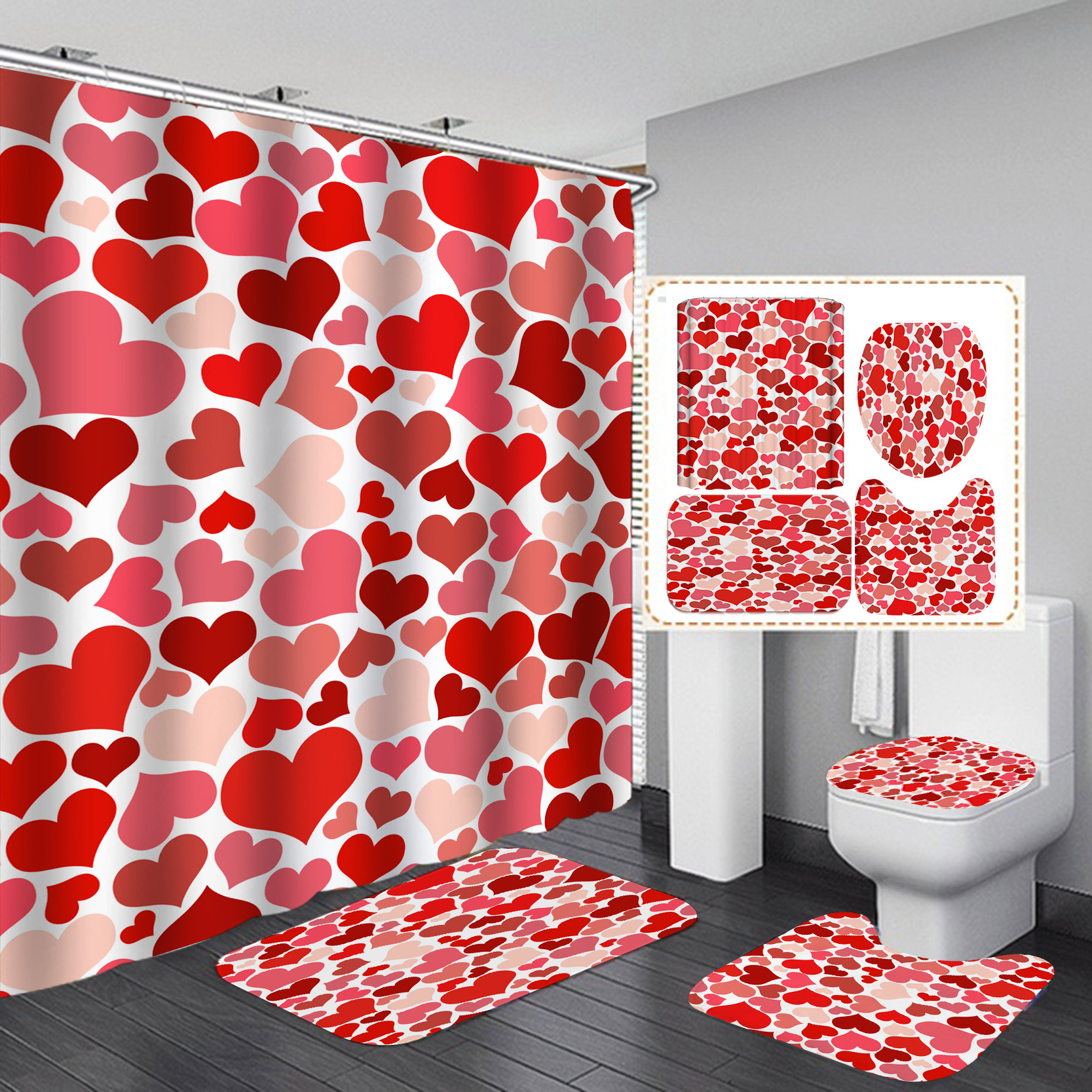 Día de San Valentín transfronterizo caliente impresión digital de poliéster impermeable baño Cortina de ducha cortina de suministro directo de fábrica al por mayor