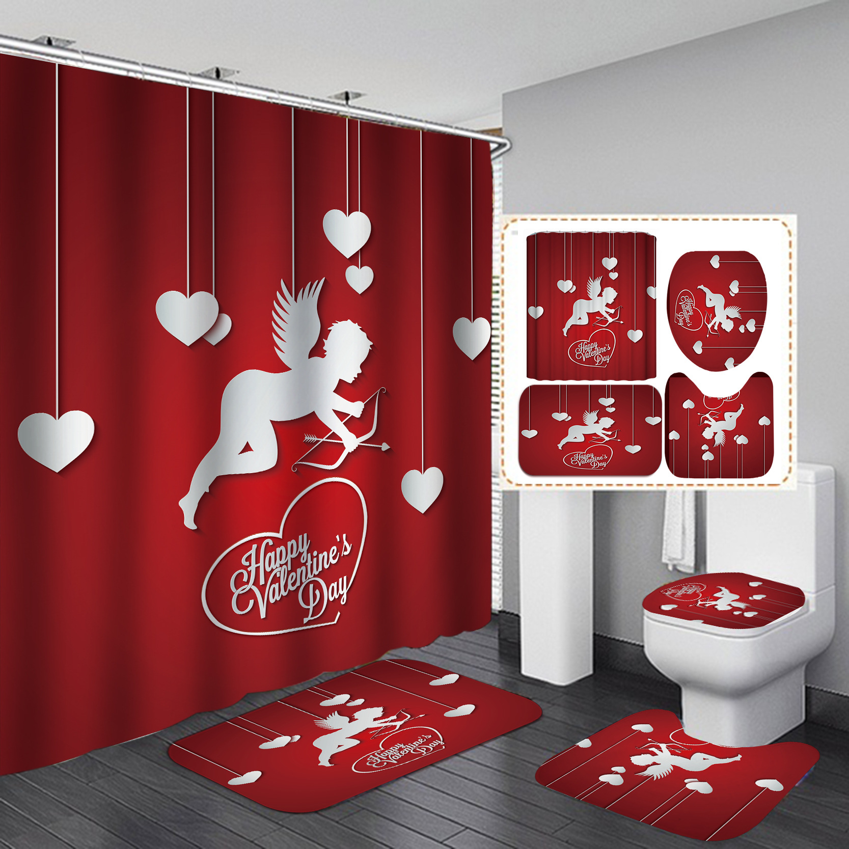 Día de San Valentín transfronterizo caliente impresión digital de poliéster impermeable baño Cortina de ducha cortina de suministro directo de fábrica al por mayor