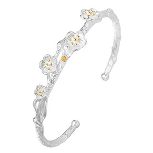 Creative silver-plated plum blossom opening cherry blossom bracelet for women retro two-color flower bracelet handmade silver jewelry personalized jewelry wholesale