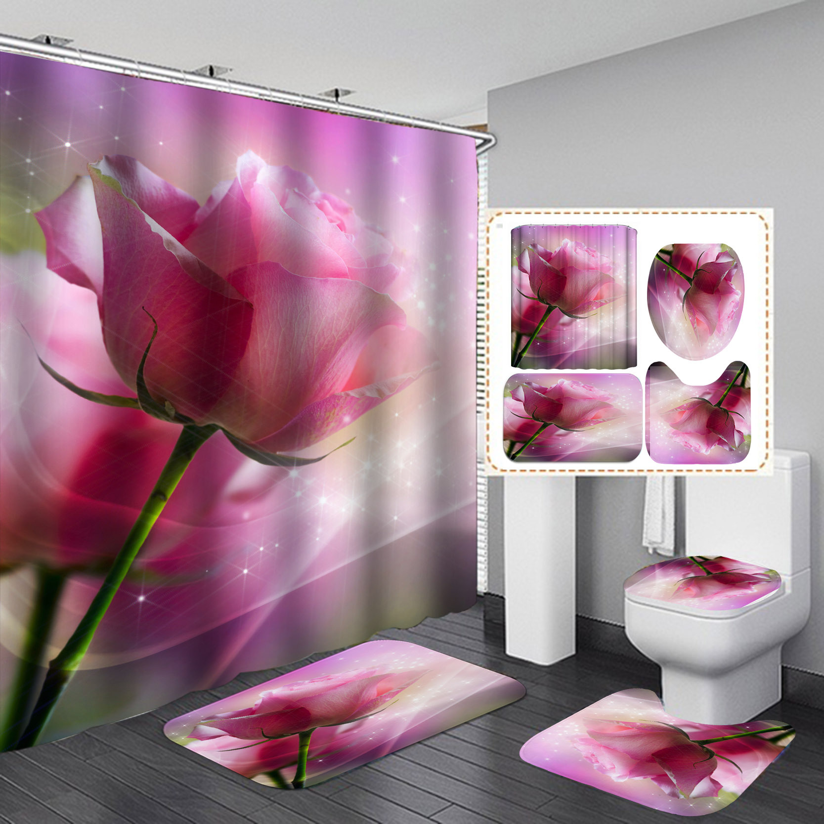 Cortina de ducha y cortina de ventana de poliéster con estampado digital 3D de rosas para el Día de San Valentín, la más vendida en Amazon para ventas transfronterizas.