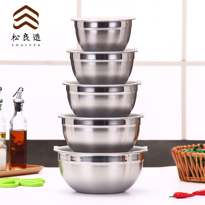 Deepened stainless steel basin salad bowl baking egg basin mixing bowl salad bowl seasoning basin set with lid Deepened stainless steel basin salad bowl baking egg basin mixing bowl salad bowl seasoning basin set with lid