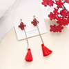 Red festive retro long universal earrings for bride with tassels, for luck