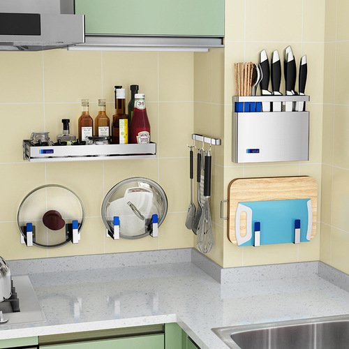 No punching 304 stainless steel kitchen storage rack wall-mounted pot lid chopping board chopsticks kitchen utensils knife holder organizer storage rack