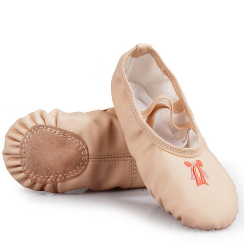 Soft leather embroidered ballet shoes with elastic laces, soft soles, cat claw design, stage performance, children's dance shoes, anti-slip.