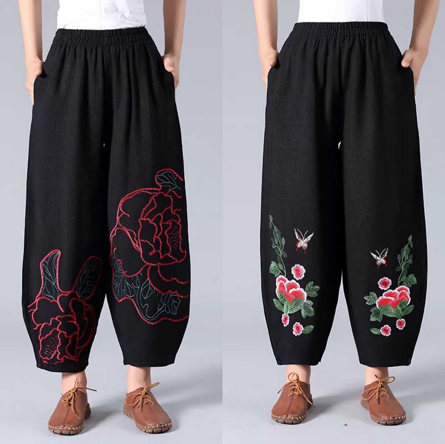 秋冬中老年宽松哈伦民族风绣花牡丹灯笼裤 大码高腰阔腿裤棉麻裤
