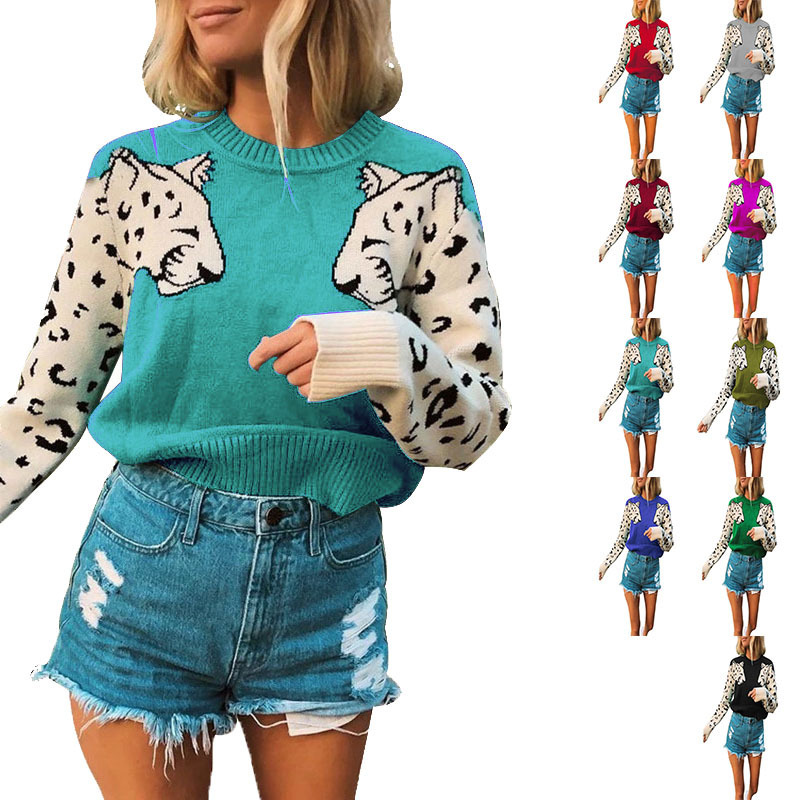 2025 Autumn/Winter New Knitwear Amazon Hot-Selling Leopard Print Sweater Women's Long-Sleeve Pullover Sweater
