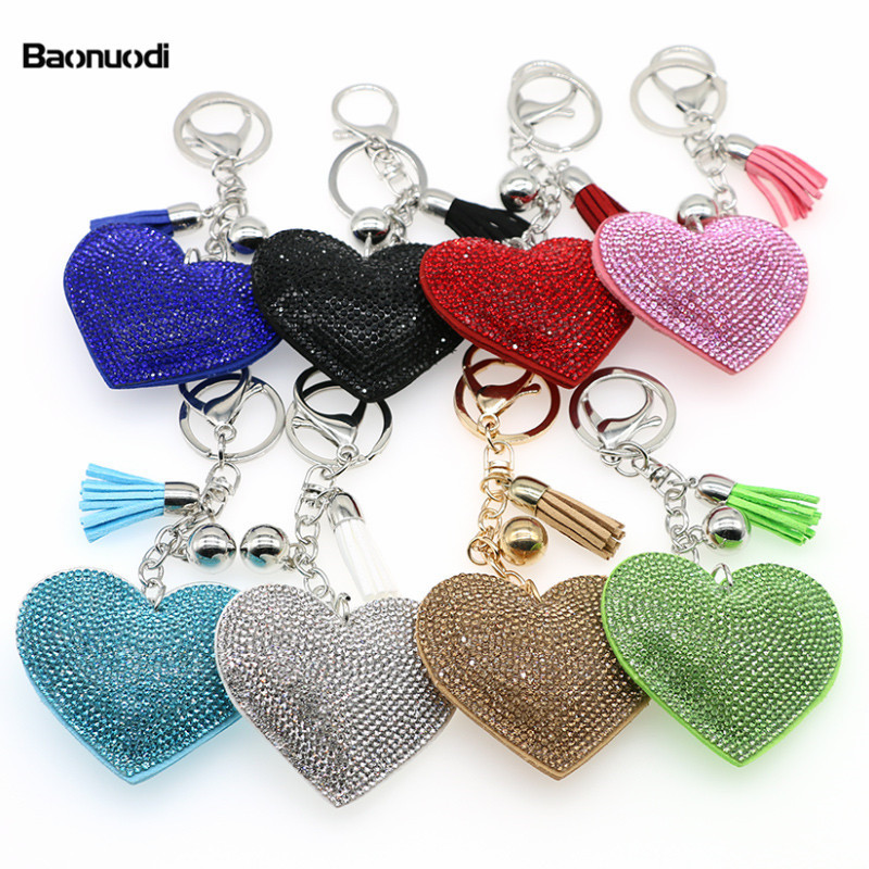 2020 popular Korean style love rhinestone leather high-end Tassel Keychain heart-shaped full diamond bag pendant keychain