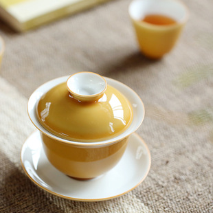 Yellow Glazed White Porcelain Cover Bowl Large Not Hot Kung Fu Sancai Tea Bowl Ceramic Tea Set Soaking Cup Teaware Sancai Cup