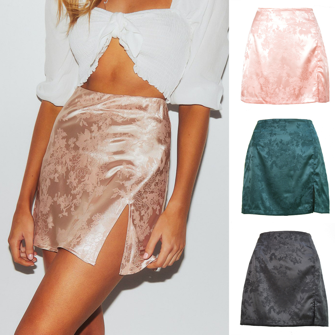 Spring and Summer Cross-Border Women's Clothing European and American Style Slit Short Skirt Jacquard Satin High-Waisted Zipper Skirt Women's Large Hem A-Line Skirt