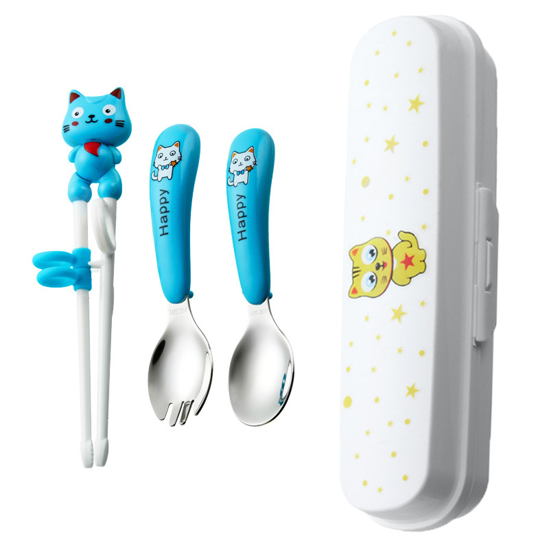 흰 고양이-블루 포크 스푼 젓가락-화이트 박스