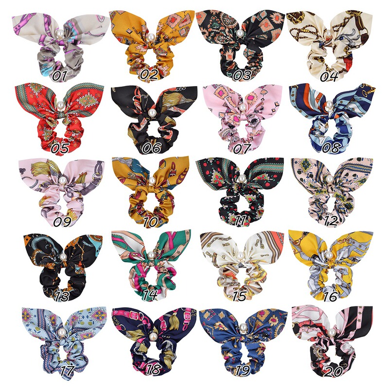 Cross-Border Amazon Retro Streamer Large Intestine Ring Women's Pearl Pendant Bow Hair Tie Silks and Satins Hair Bundle 088