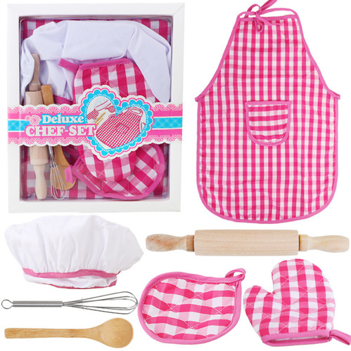 Children's role-playing kitchen toy set for girls, cooking and baking tools, including cake, apron, and chef hat