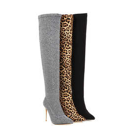 2019冬季新款欧美尖头女靴豹纹骑士靴40-48大码高跟过膝靴外贸靴