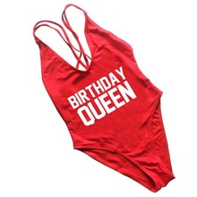 2021新款Birthday Queen 白字速卖通欧美字母印花后背交叉泳衣