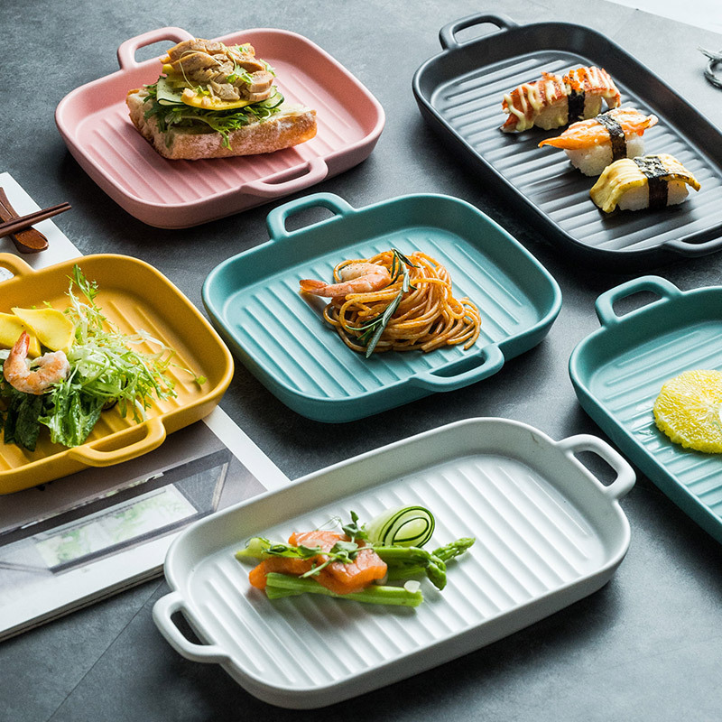 [Factory wholesale] Nordic style binaural square baking tray Net red baked rice tray ceramic tableware baking tray with ears