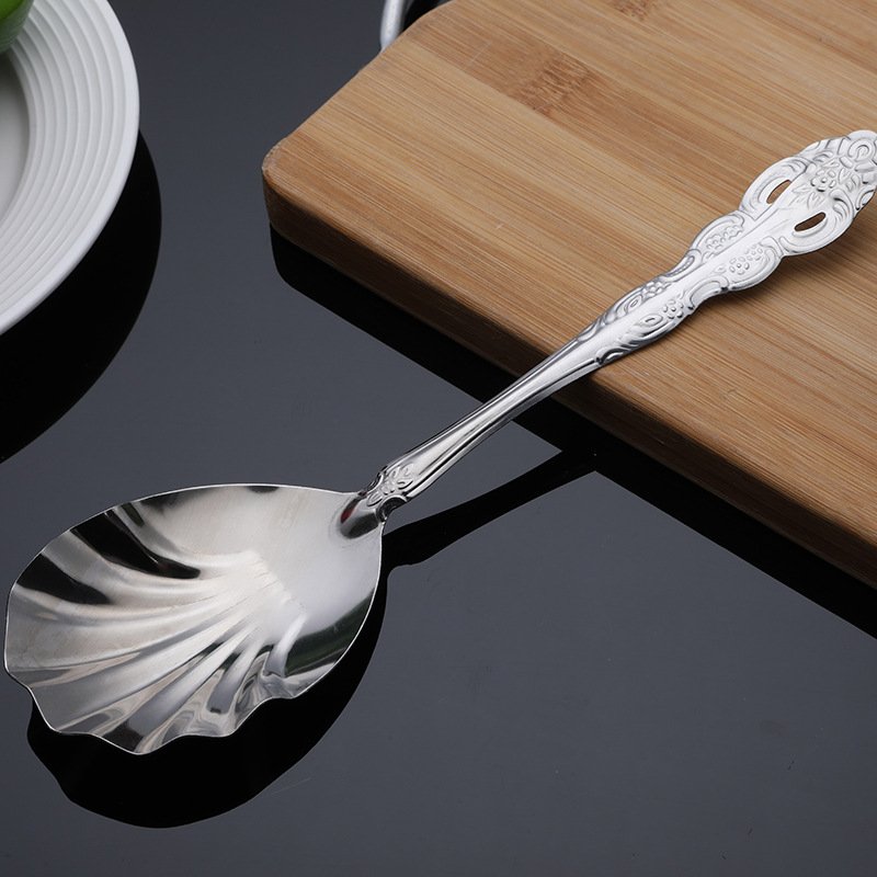 Fábrica al por mayor de acero inoxidable vajilla cantina restaurante hogar arroz cuchara doble agujero ventilador Shell cuchara olla caliente cuchara de sopa