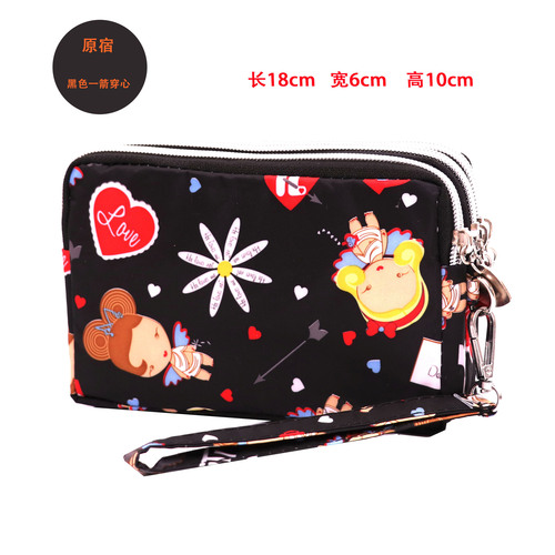Women's new Korean version waterproof hand-held three-zipper mobile phone bag, simple, cute and fashionable cartoon coin purse fabric