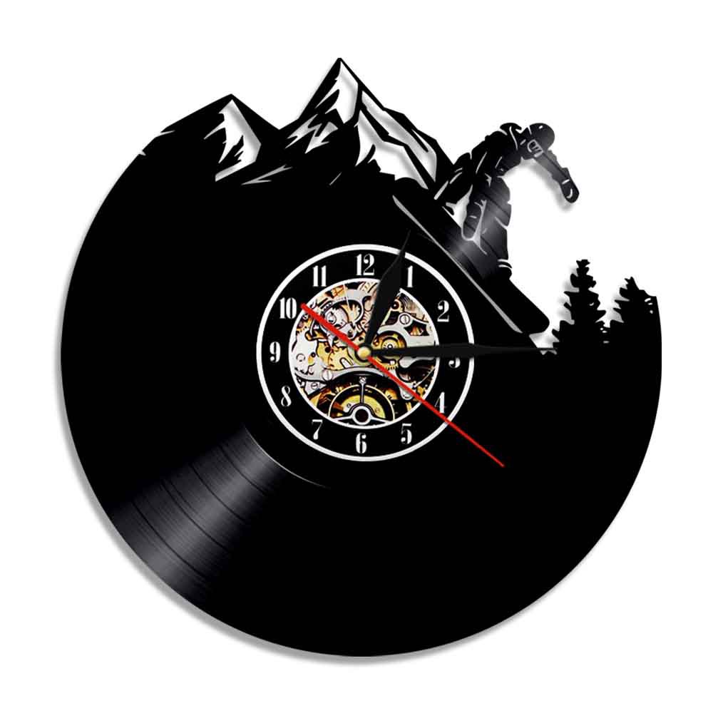 冬季雪山高山运动滑雪黑胶挂钟滑雪板娱乐乙烯基唱片时钟墙壁艺术