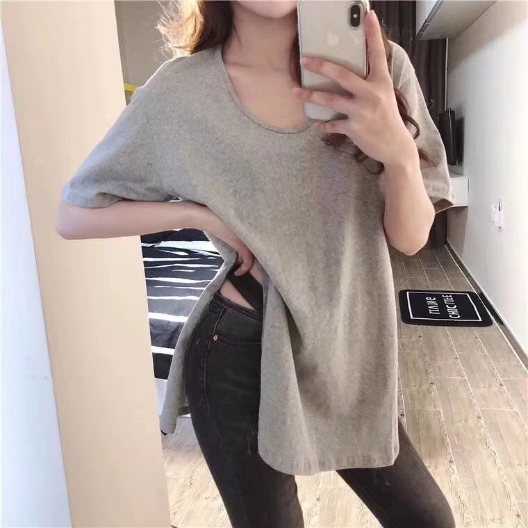 Camiseta de manga corta de color sólido para mujer verano Corea del Sur nuevo cuello redondo suelto de longitud media más tamaño superior para mujer al por mayor