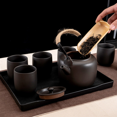 Complete set of purple sand kung fu tea set, ceramic home living room modern lifting kettle, large teapot, teacup and teatray set
