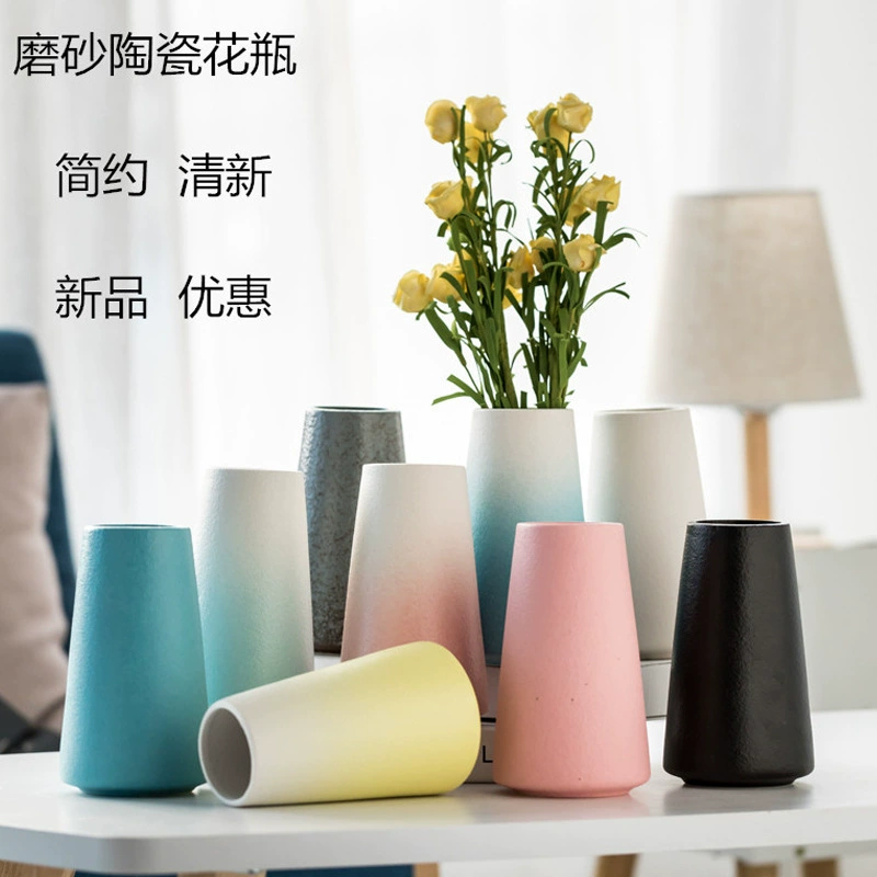 Матовый широкий рот Керамическая ваза украшения Китайский простой европейский ретро большого диаметра матовый дзен черный и белый синий красный