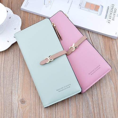 New women's wallet female long Korean style student fashion zipper buckle thin wallet multi-card slot soft leather wallet card bag