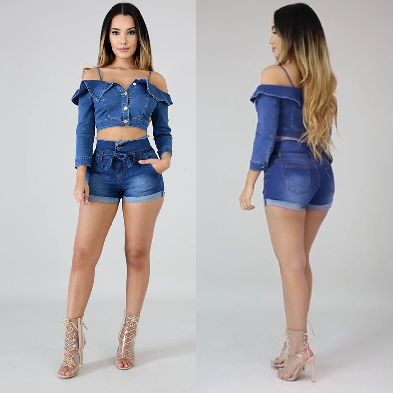 Primavera transfronteriza en stock venta al por mayor de cintura alta flanger estudiante chica pierna ancha pantalones cortos de mezclilla Amazon eBay estación independiente