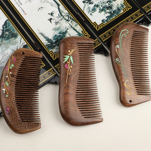 Natural Golden Sandalwood Comb Painted Black Gold Sandalwood Hand-Painted Gold Comb Women's Gift High-End Gift Manufacturer Wholesale