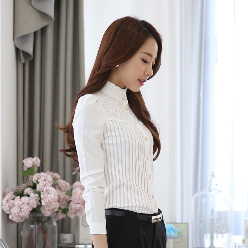 2025 Shirt Commuter Spring New Korean Style Vertical Collar Lace Chiffon Base Shirt Professional Slim-fit Long-sleeved White Shirt