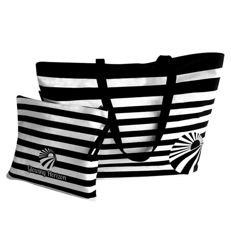 外贸出口现货批发沙滩袋两件套 蓝色条纹大号防水沙滩帆布包