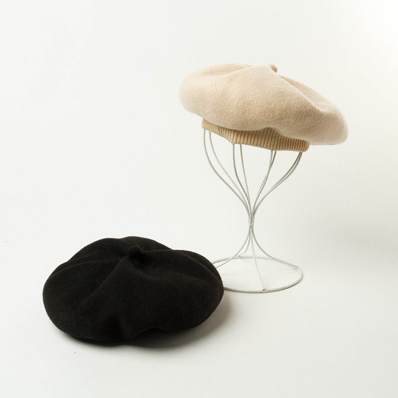 韩版秋冬新款立体针织螺纹汗带羊毛呢贝雷帽画家帽女士保暖六角帽