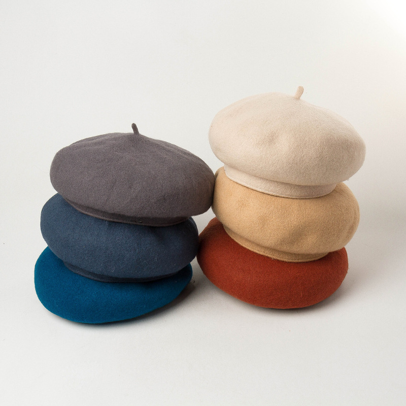 秋冬升级版深檐带汗带立体型羊毛贝雷帽画家帽时尚蓓蕾帽