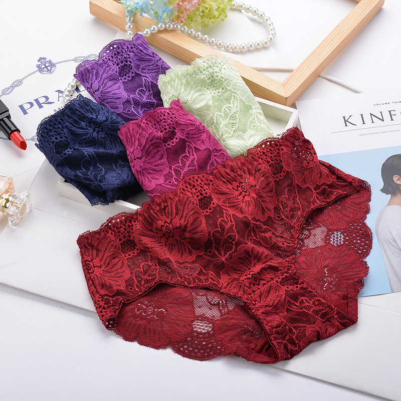 Xiaotianer 650 Sexy Full Lace Butt-Lifting Mid-Waist Panties Rose Pattern Women's Transparent Briefs